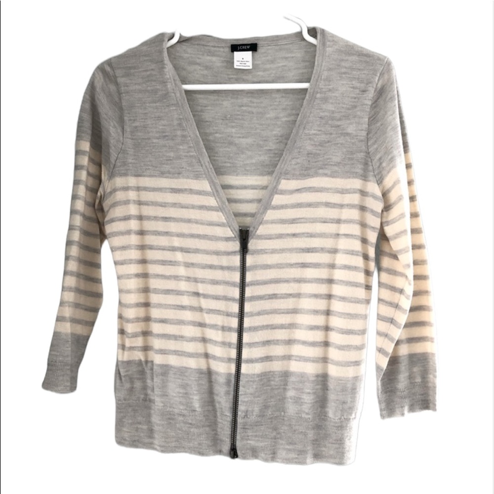 J. CREW 100% Merino Wool Gray and Cream Striped Cardigan Women’s Sweater